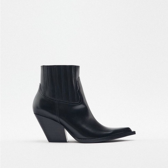 Zara Black Heeled Cowboy Ankle Boots - Picture 1 of 6